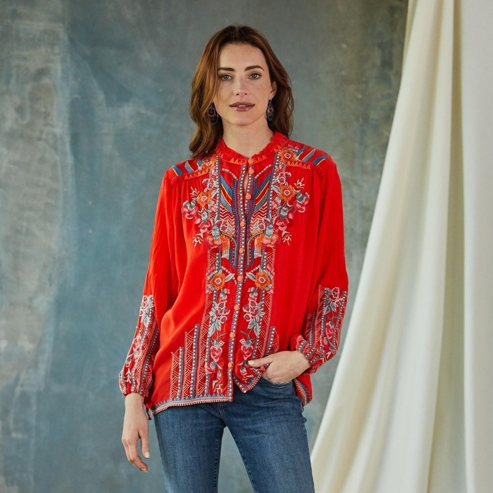 Johnny Was Jude Electric Coral Red Embroidered Button Front Blouse XS Boho Luxe